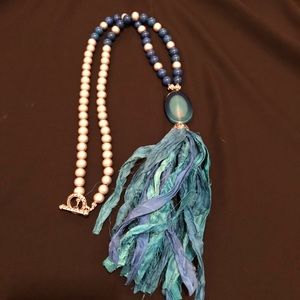 Silver and Teal Silk Tassel Necklace
